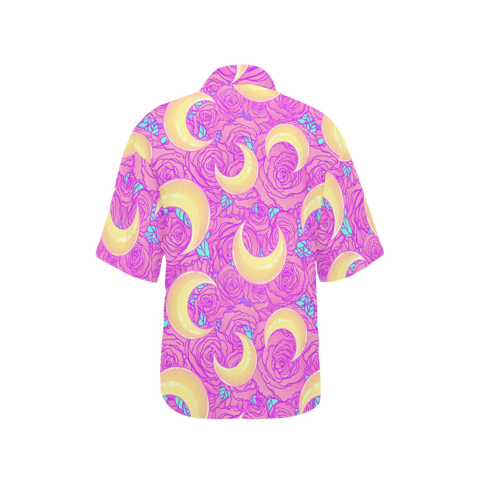 Moon pink rose background Women's All Over Print Hawaiian Shirt