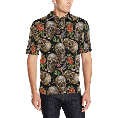 Skull rose humming bird flower pattern Men's All Over Print Polo Shirt