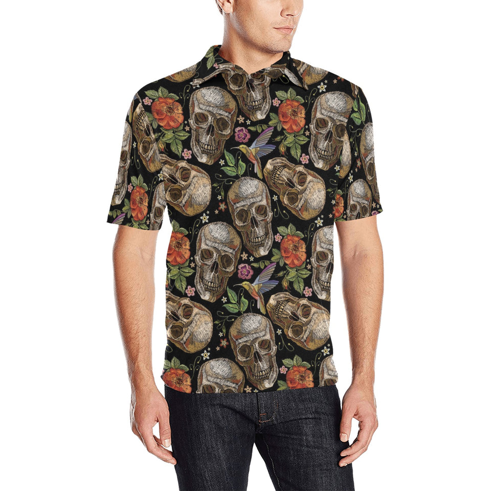 Skull rose humming bird flower pattern Men's All Over Print Polo Shirt