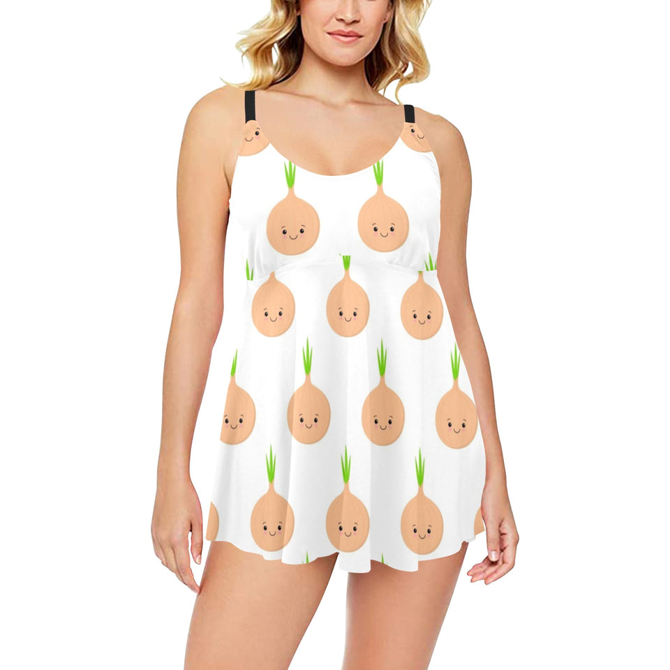 cute onions smiling faces Chest Sexy Pleated Two Piece Swim Dress