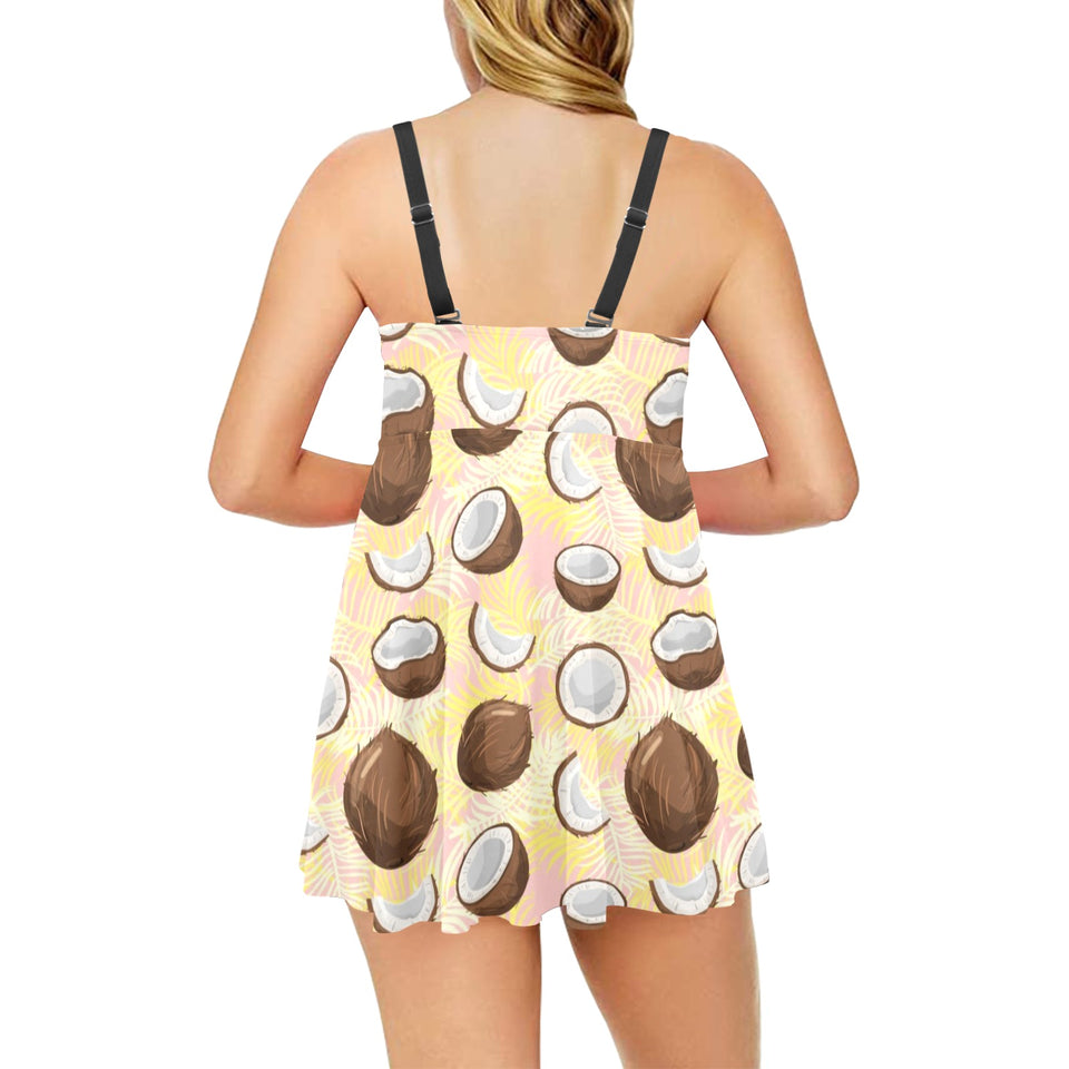 Coconut Pattern Print Design 05 Chest Sexy Pleated Two Piece Swim Dress