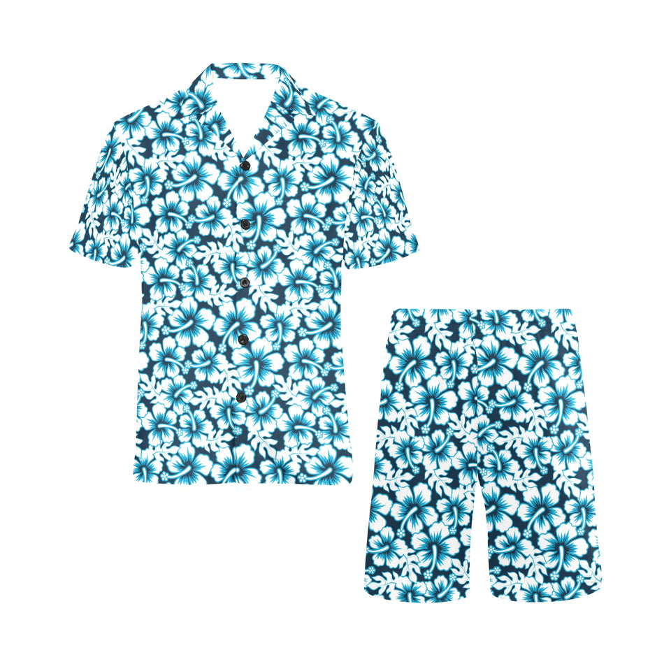 Hibiscus Pattern Print Design 04 Men's V-Neck Short Pajama Set