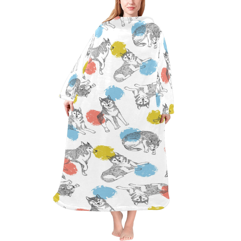 Siberian husky and colorful circle pattern Blanket Robe with Sleeves
