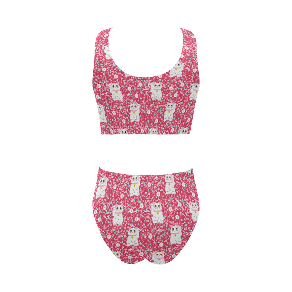 Maneki neko cat sakura pink background Chest Bowknot High Waisted Bikini Swimsuit