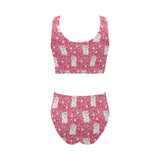 Maneki neko cat sakura pink background Chest Bowknot High Waisted Bikini Swimsuit