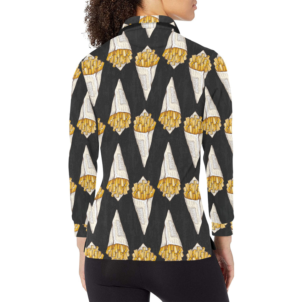 French fries dark background Women's Long Sleeve Polo Shirt