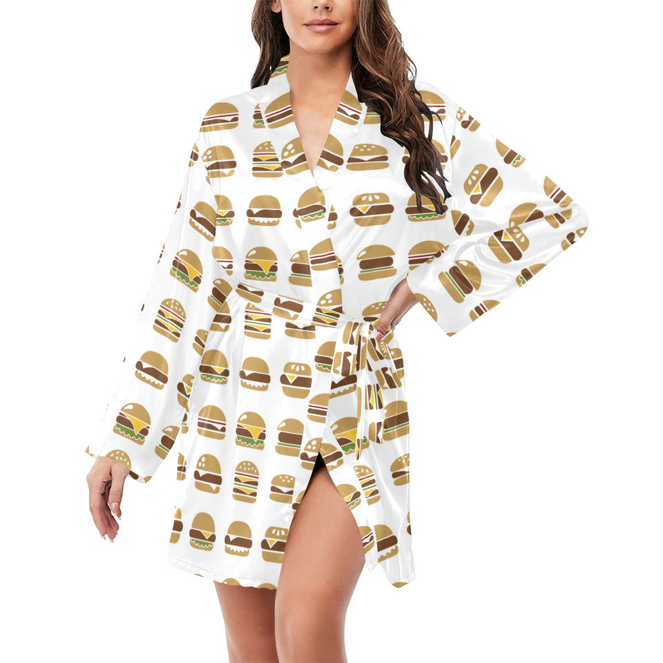 Hamburger Pattern Print Design 02 Women's Long Sleeve Belted Night Robe