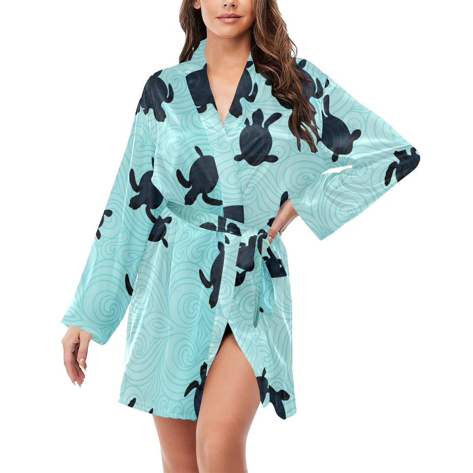 Sea turtle with blue ocean backgroud Women's Long Sleeve Belted Night Robe