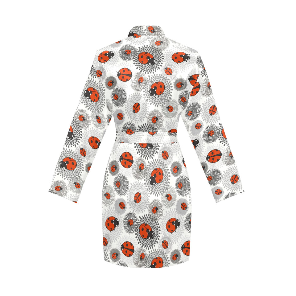 Ladybug Pattern Print Design 05 Women's Long Sleeve Belted Night Robe