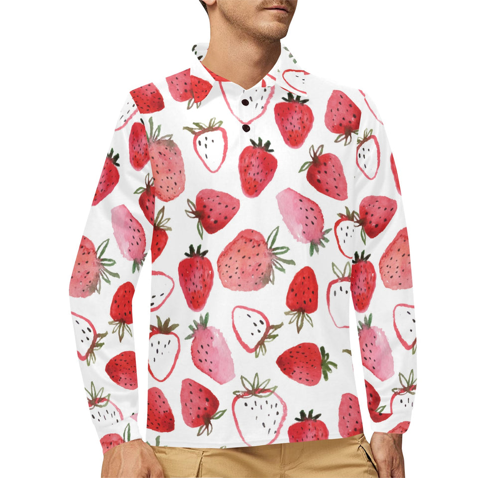 watercolor hand drawn beautiful strawberry pattern Men's Long Sleeve Polo Shirt