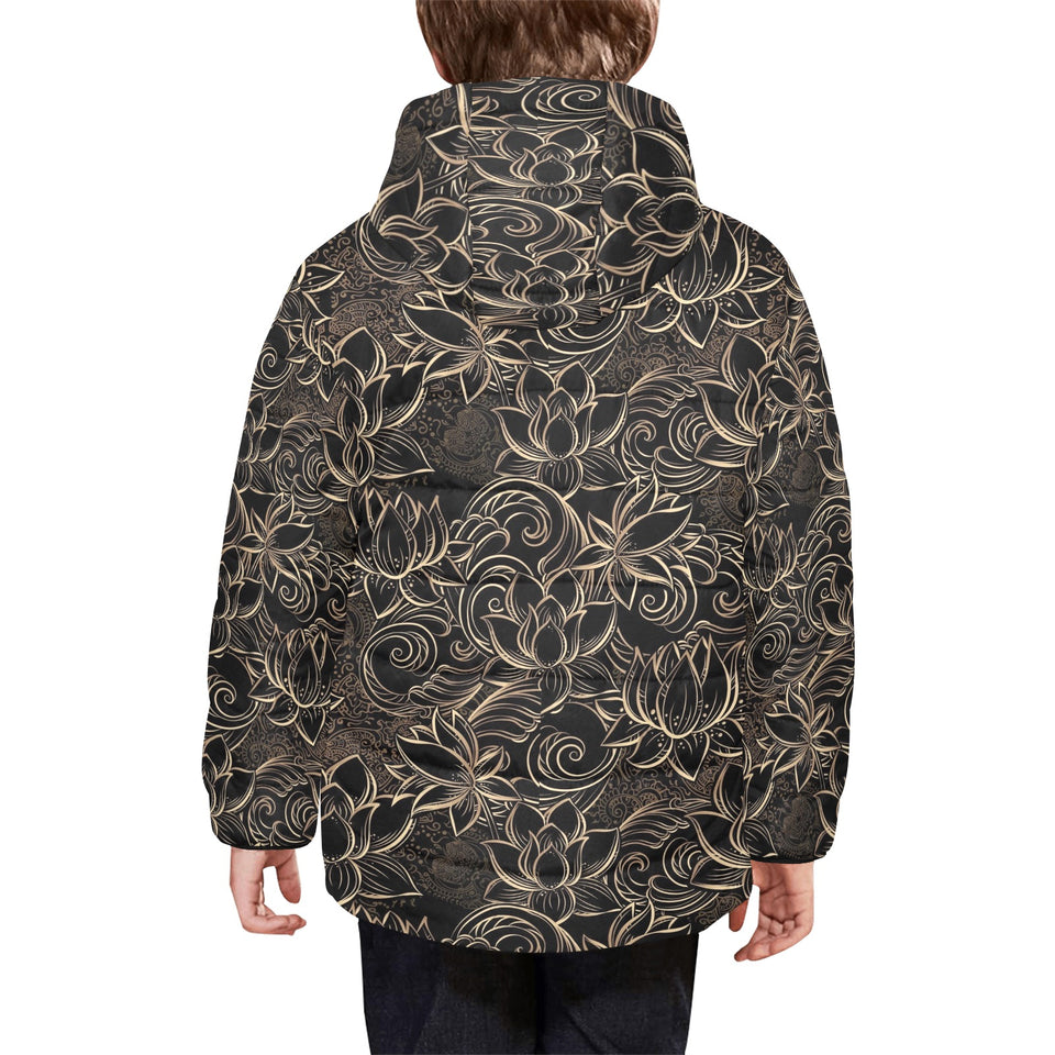 luxurious gold lotus waterlily black background Kids' Boys' Girls' Padded Hooded Jacket