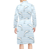 Dolphin blue striped background Men's Long Sleeve Belted Night Robe