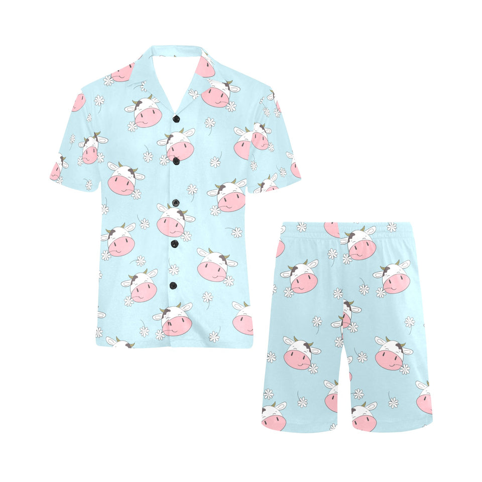 Cute cow flower pattern Men's V-Neck Short Pajama Set