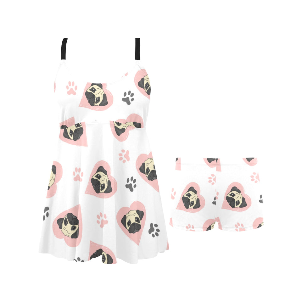 Cute pugs pink heart paw pattern Chest Sexy Pleated Two Piece Swim Dress
