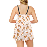 Cute Corgis Pattern pink background Chest Sexy Pleated Two Piece Swim Dress