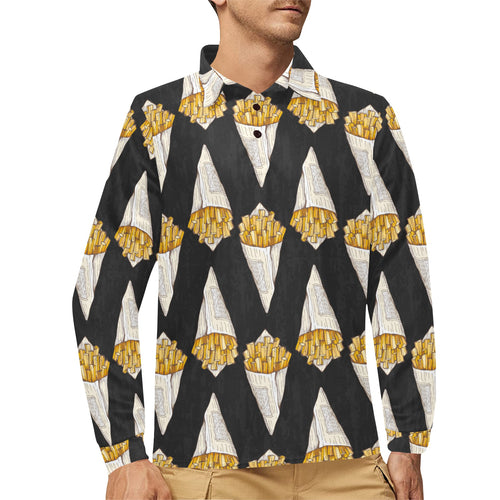 French fries dark background Men's Long Sleeve Polo Shirt