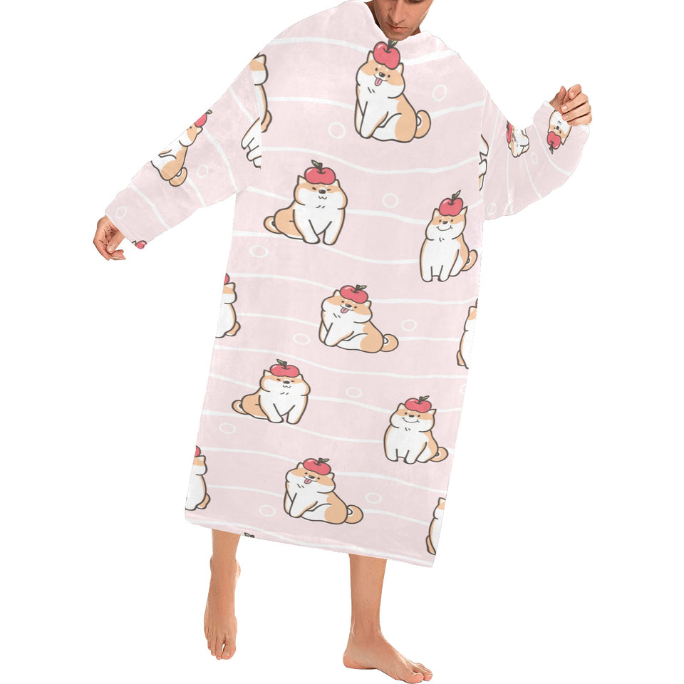 Cute Shiba Inu Dog Apple pattern Blanket Robe with Sleeves