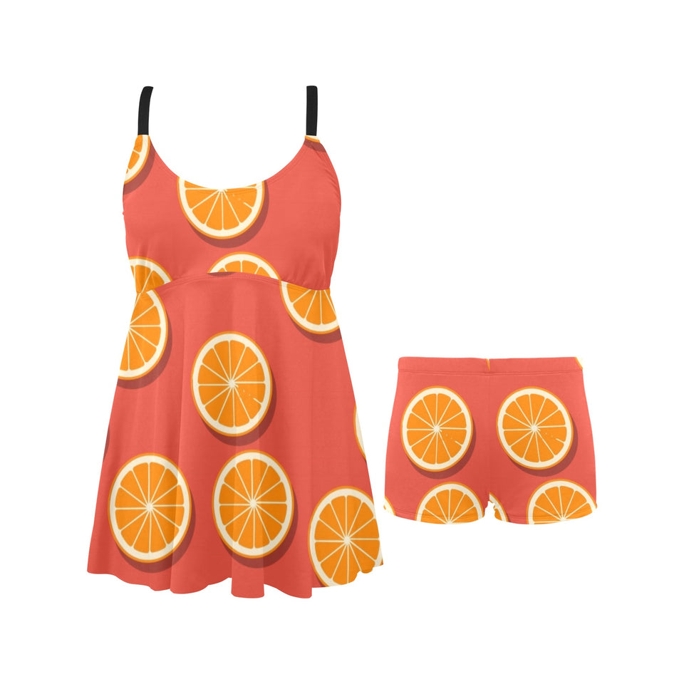 Oranges pattern red background Chest Sexy Pleated Two Piece Swim Dress