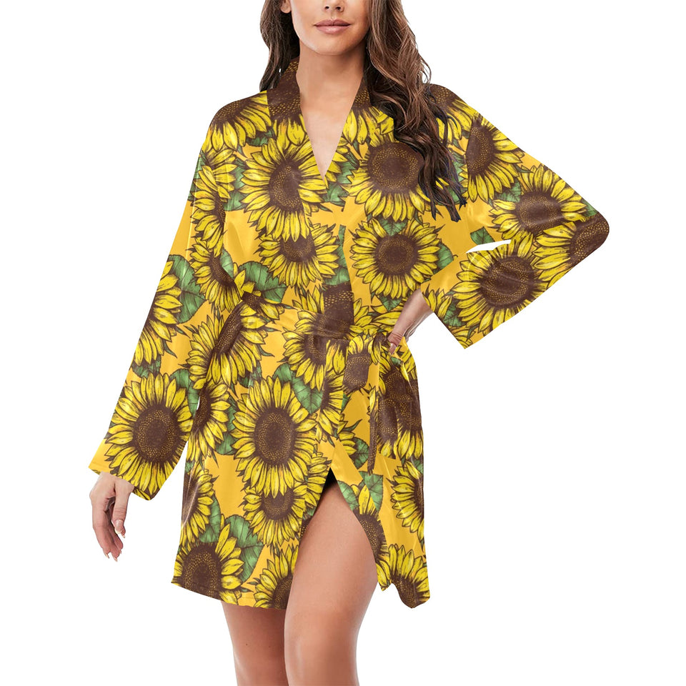 Sunflower pattern Women's Long Sleeve Belted Night Robe