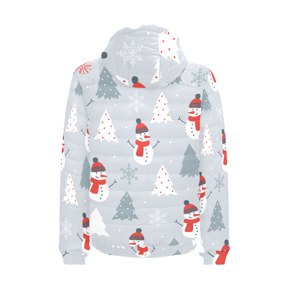 Snowman christmas tree snow gray background Men's Padded Hooded Jacket
