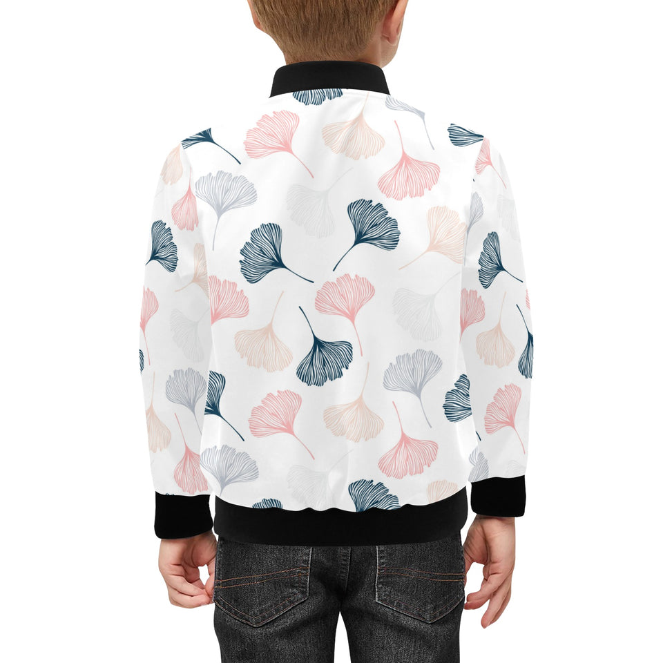 Black Gray Cream coral ginkgo leaves pattern Kids' Boys' Girls' Bomber Jacket