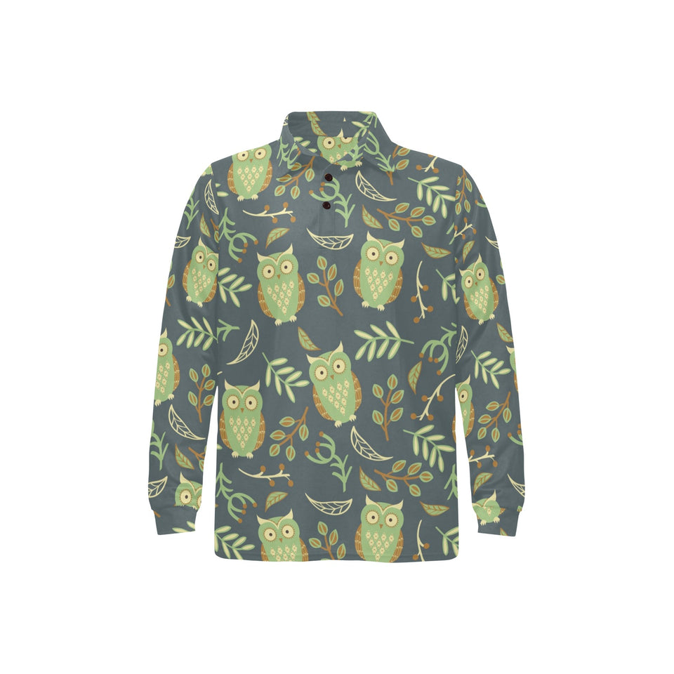 Cute owls leaves pattern Men's Long Sleeve Polo Shirt