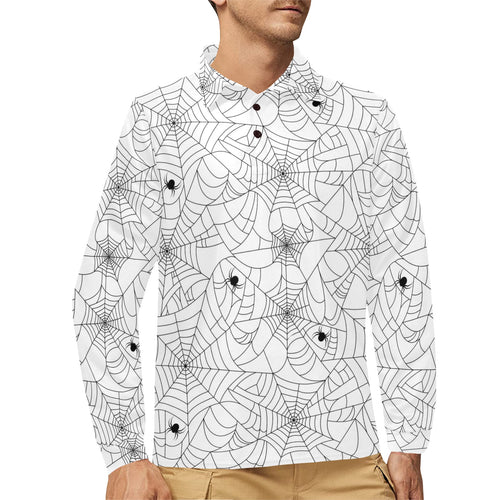 Spider web cobweb pattern white background Men's Long Sleeve Polo Shirt