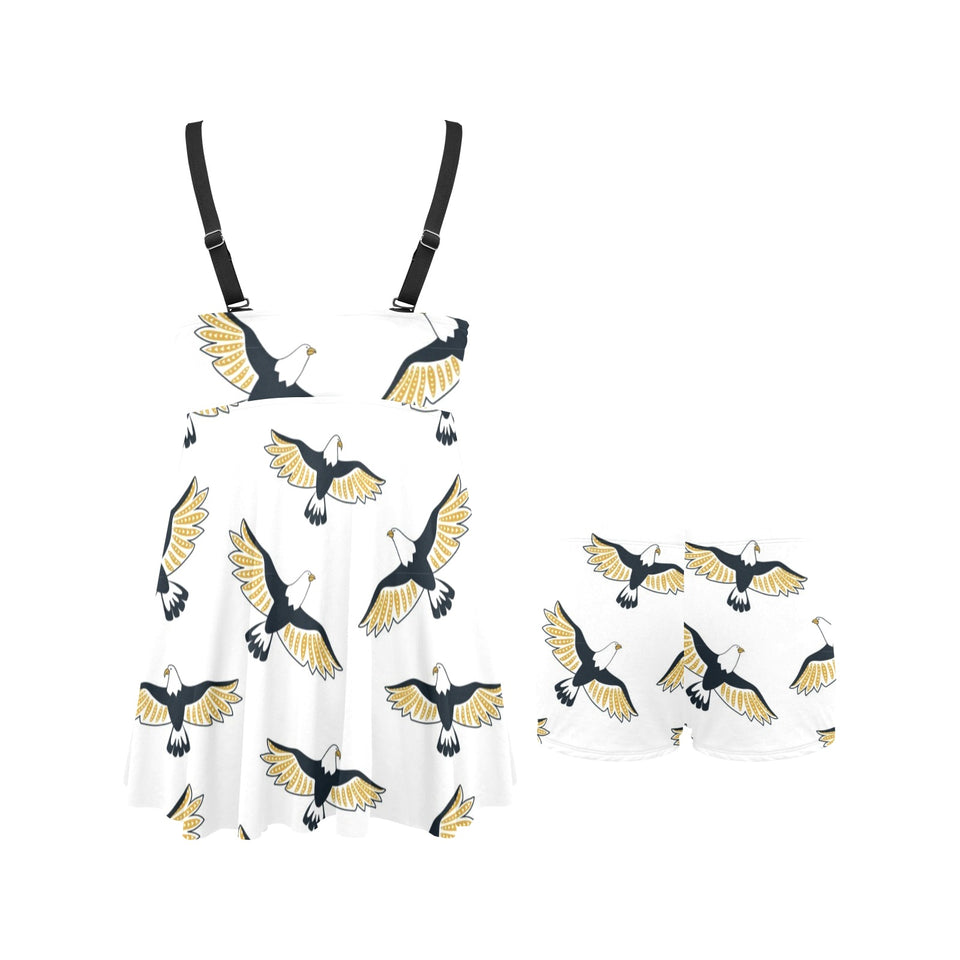 Eagle Pattern Print Design 03 Chest Sexy Pleated Two Piece Swim Dress