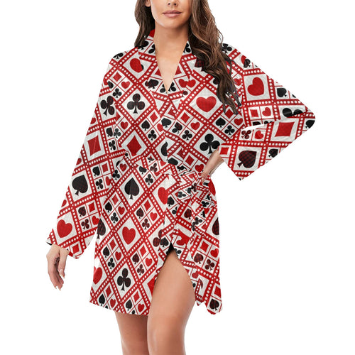 Casino Cards Suits Pattern Print Design 03 Women's Long Sleeve Belted Night Robe