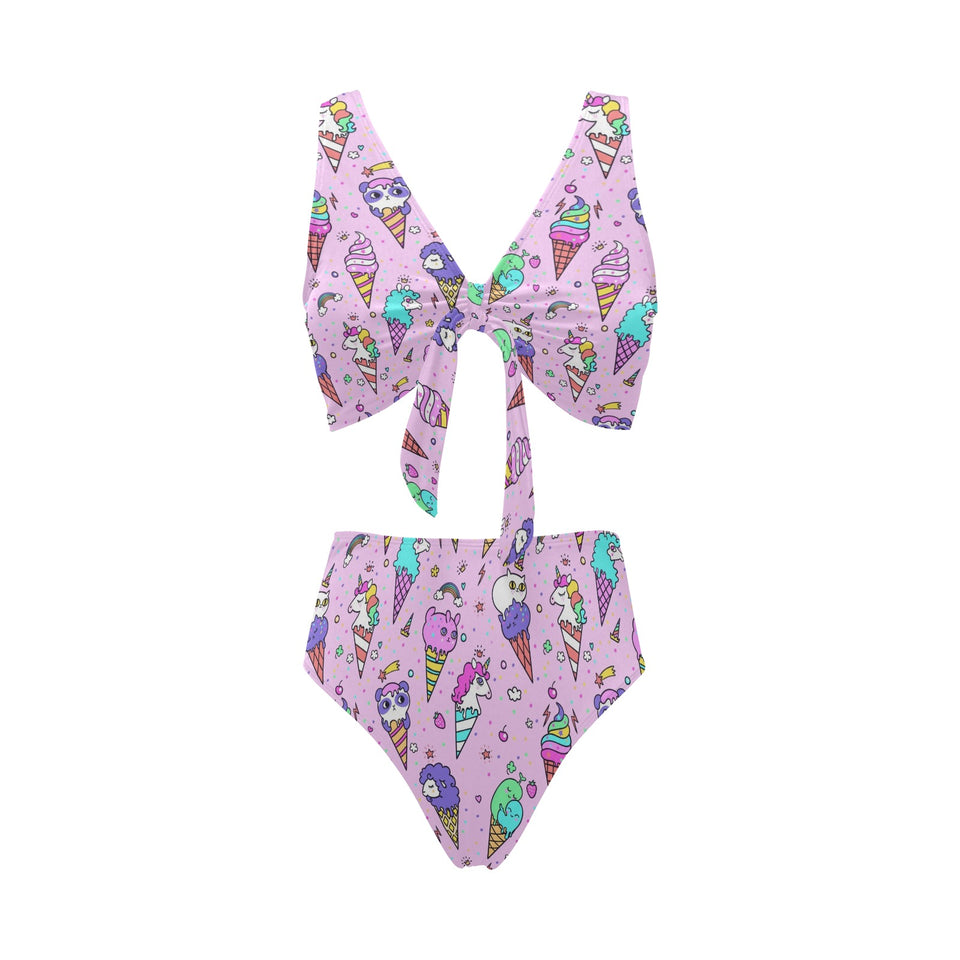 Cute ice cream cone animal pattern Chest Bowknot High Waisted Bikini Swimsuit