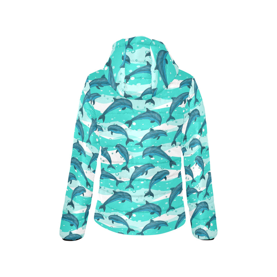 Dolphin sea pattern Women's Padded Hooded Jacket
