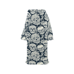 Sugar skull black white pattern Blanket Robe with Sleeves