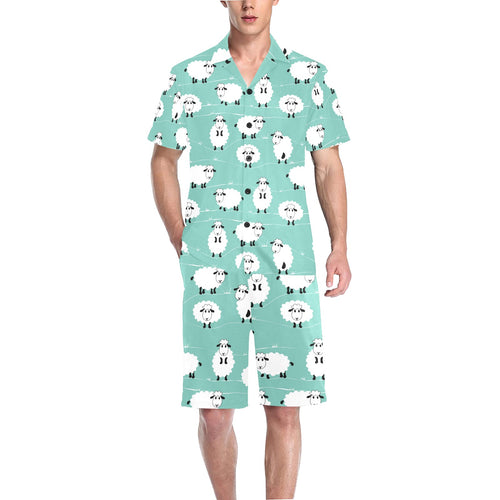 Cute sheep green background Men's V-Neck Short Pajama Set