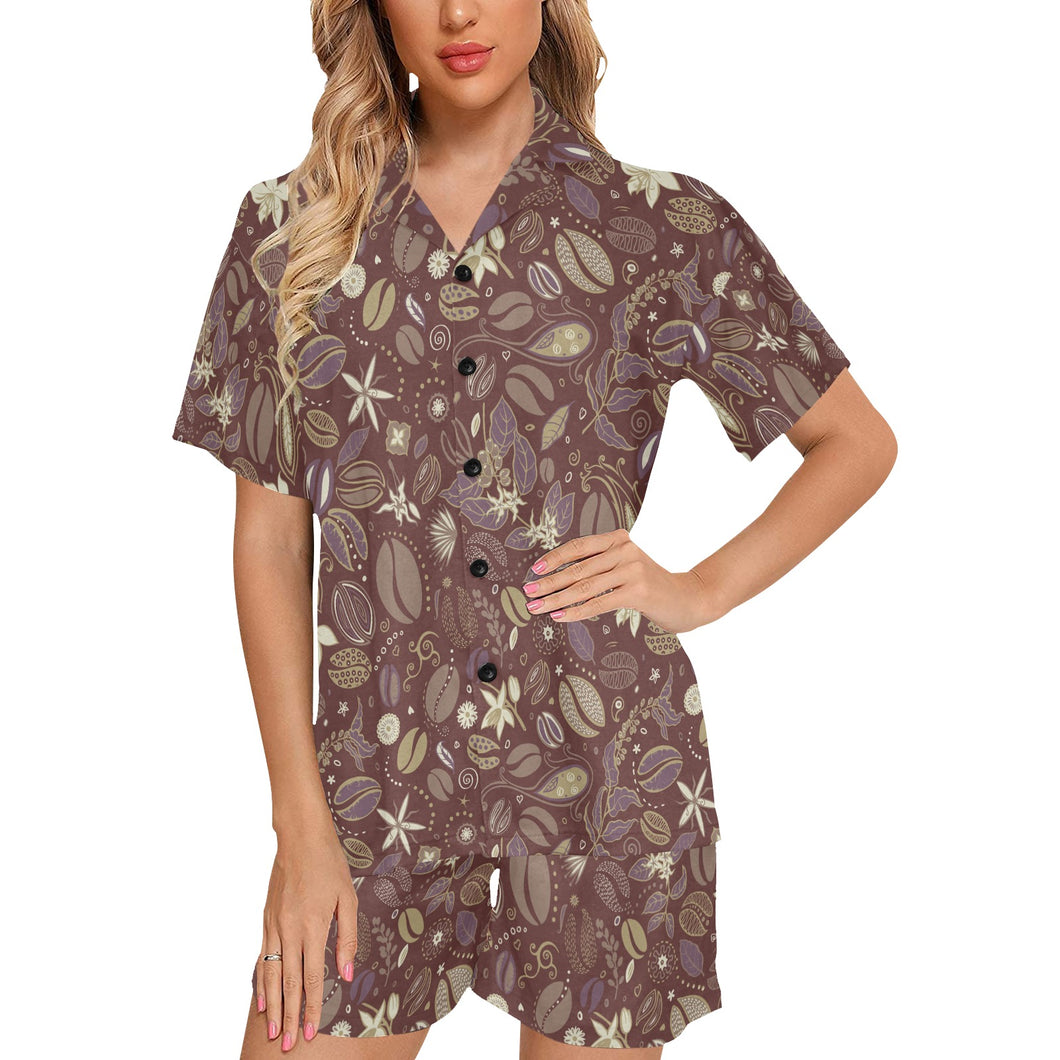 Coffee bean flower pattern Women's V-Neck Short Pajama Set