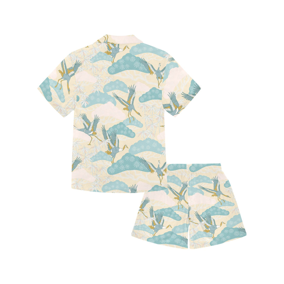 Bonsai bamboo stork japanese pattern cream theme Kids' Boys' Girls' V-Neck Short Pajama Set