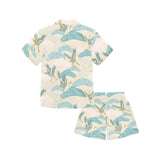 Bonsai bamboo stork japanese pattern cream theme Kids' Boys' Girls' V-Neck Short Pajama Set