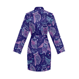 Cute owls pattern boho style ornament Women's Long Sleeve Belted Night Robe
