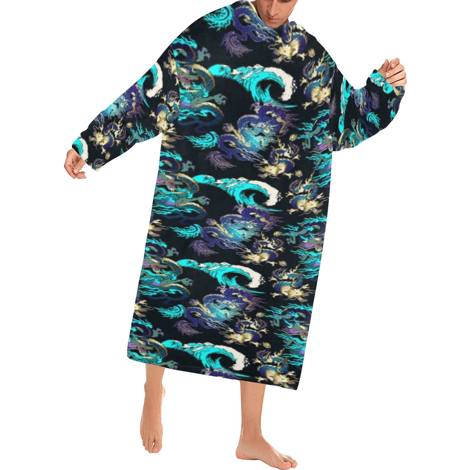 Dragon sea wave pattern Blanket Robe with Sleeves
