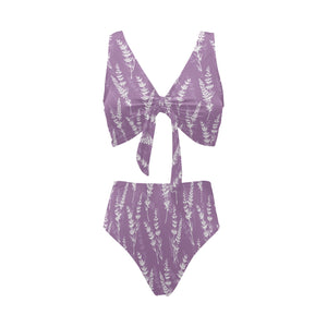 Lavender flowers purple pattern Chest Bowknot High Waisted Bikini Swimsuit