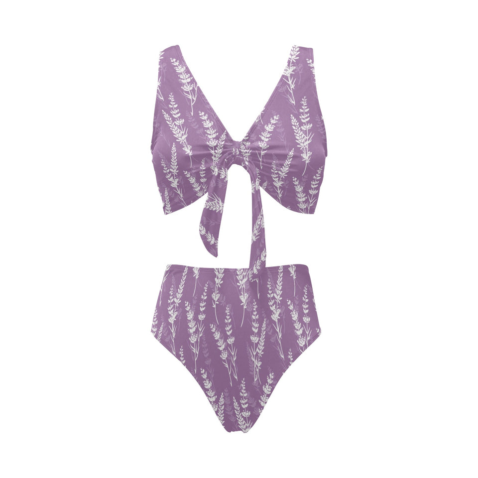 Lavender flowers purple pattern Chest Bowknot High Waisted Bikini Swimsuit