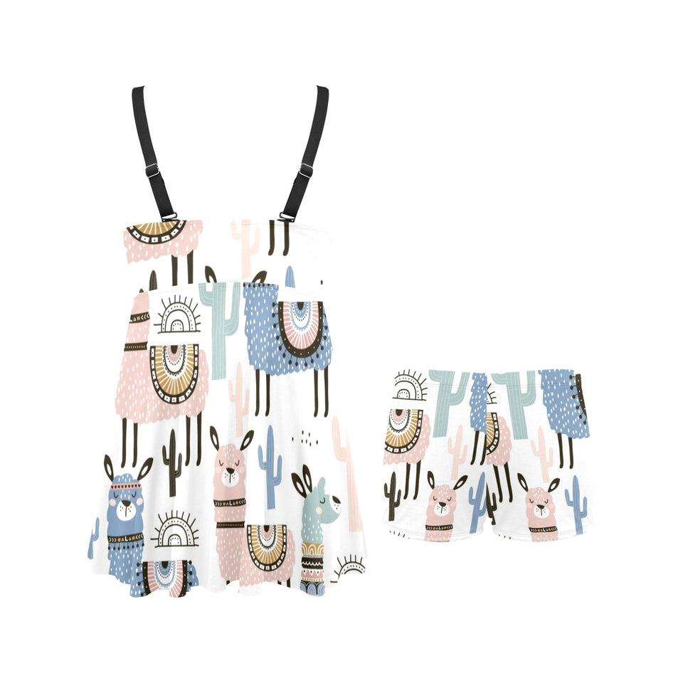 lama Alpaca cactus hand drawn pattern Chest Sexy Pleated Two Piece Swim Dress