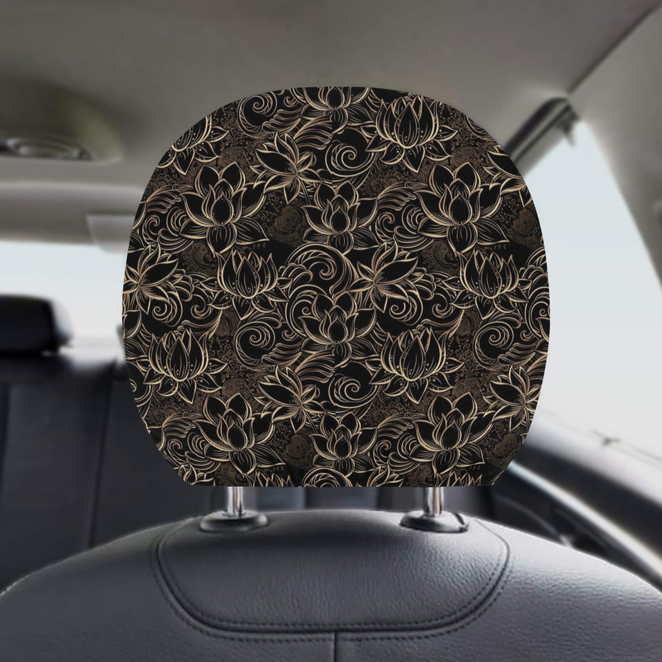 luxurious gold lotus waterlily black background Car Headrest Cover