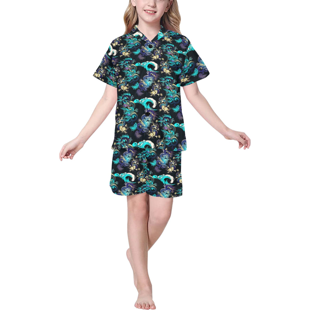 Dragon sea wave pattern Kids' Boys' Girls' V-Neck Short Pajama Set