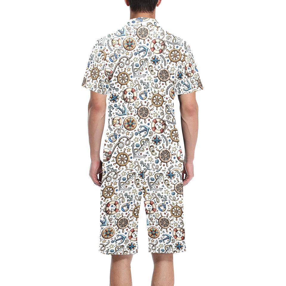 Cute nautical steering wheel anchor pattern Men's V-Neck Short Pajama Set