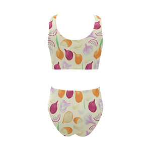 Onion garlic white red pattern Chest Bowknot High Waisted Bikini Swimsuit