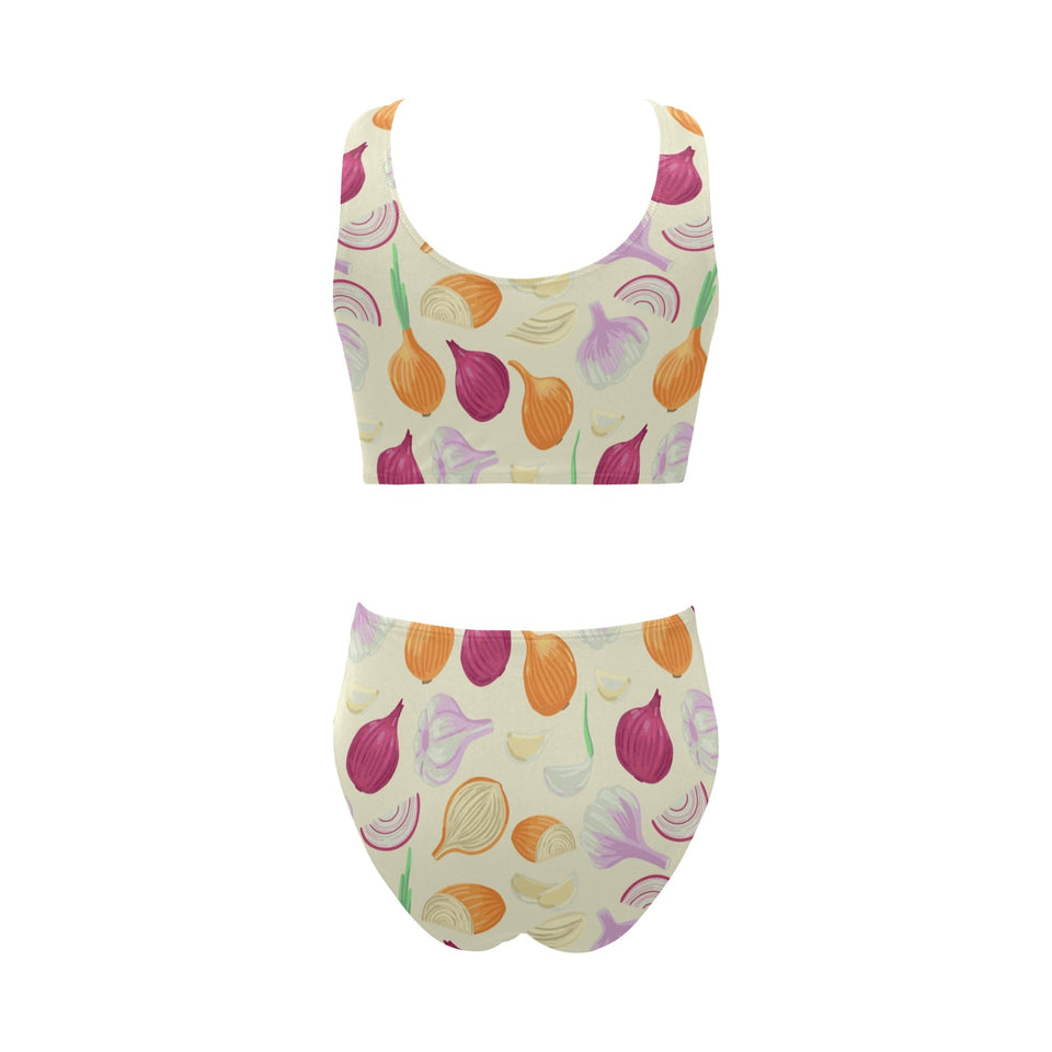 Onion garlic white red pattern Chest Bowknot High Waisted Bikini Swimsuit