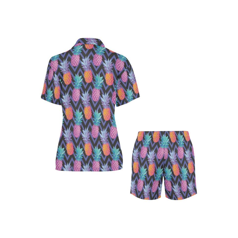 Pineapples pattern zigzag background Women's V-Neck Short Pajama Set