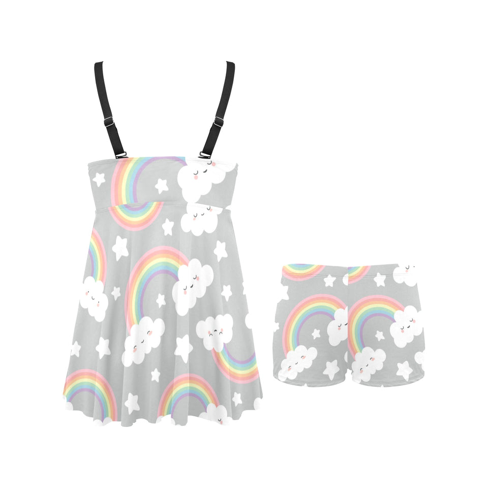 Cute rainbow clound star pattern Chest Sexy Pleated Two Piece Swim Dress