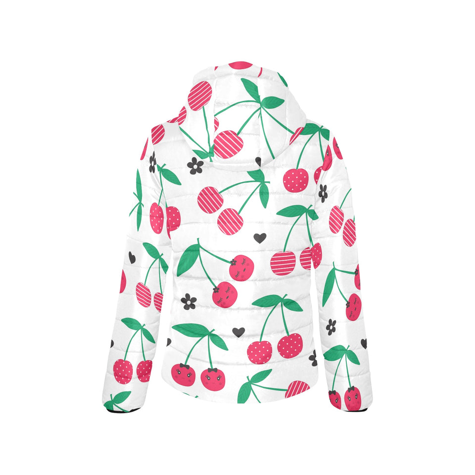 cherry pattern white background Women's Padded Hooded Jacket