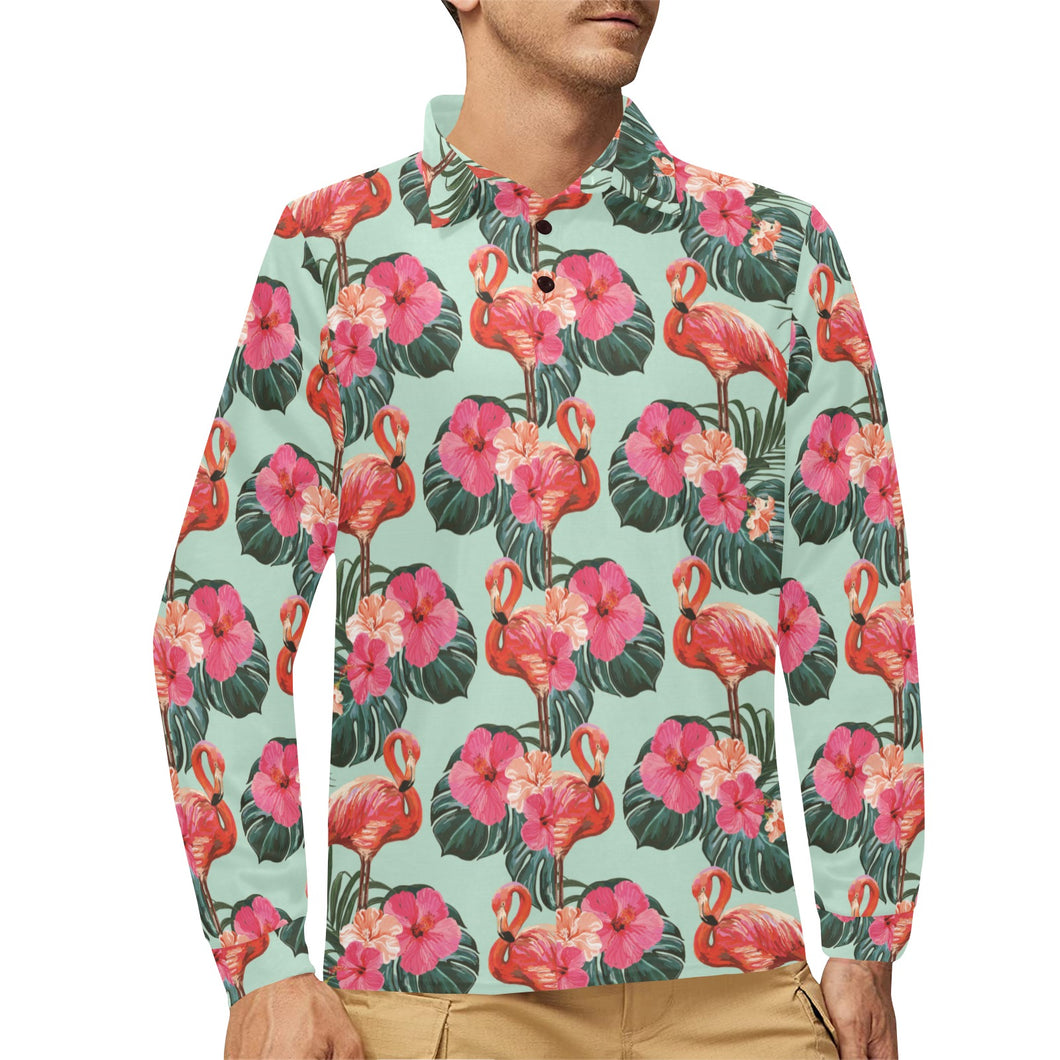 Beautiful flamingo tropical palm leaves hibiscus p Men's Long Sleeve Polo Shirt